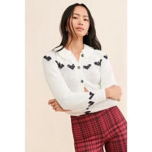 Kimchi Blue Marabell Icon Cream Black Heart Ruffled Knit Crop Cardigan-Size M